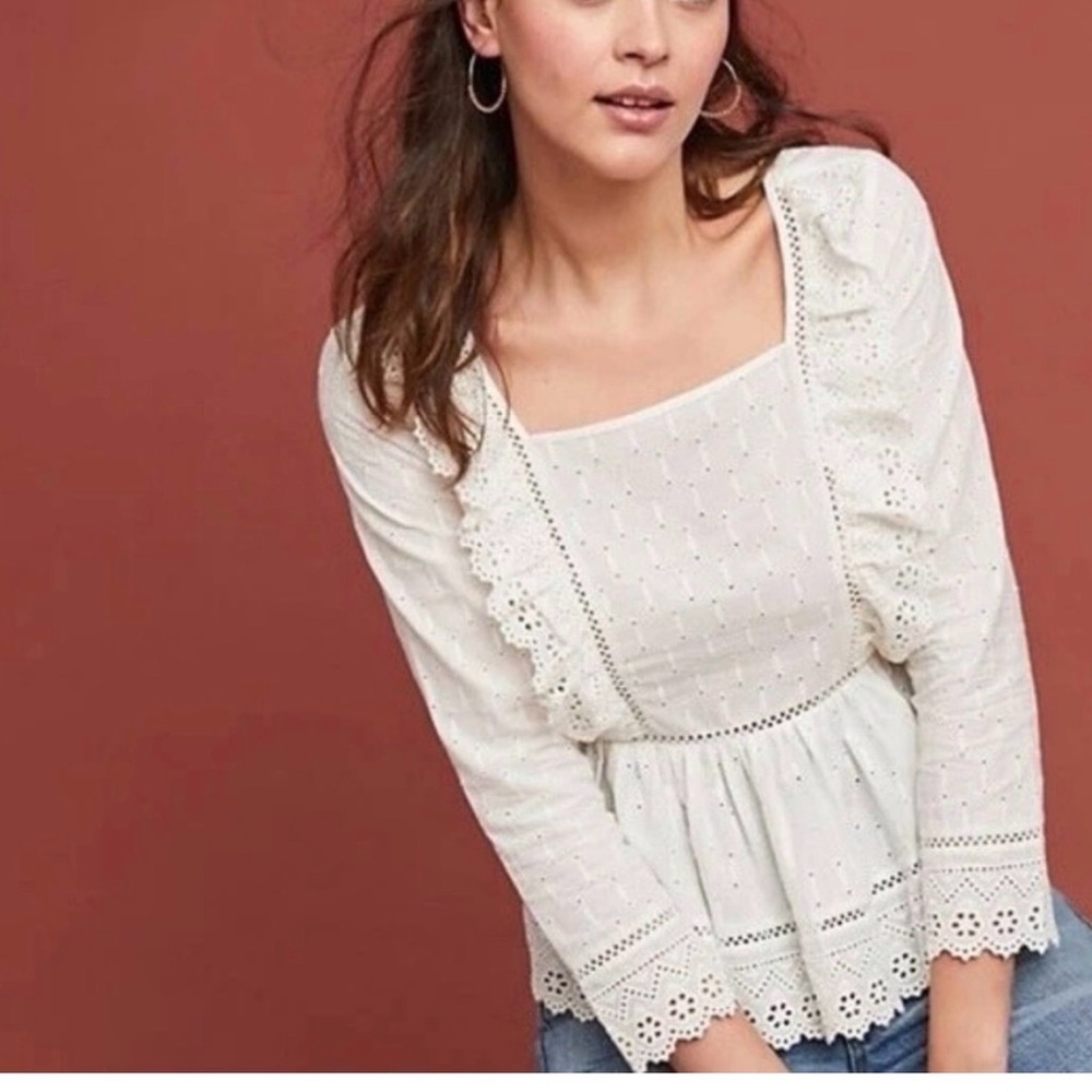 ANTHROPOLOGIE Meadow Rue Embroidered Eyelet Peplum Top Women’s 10 Feminine